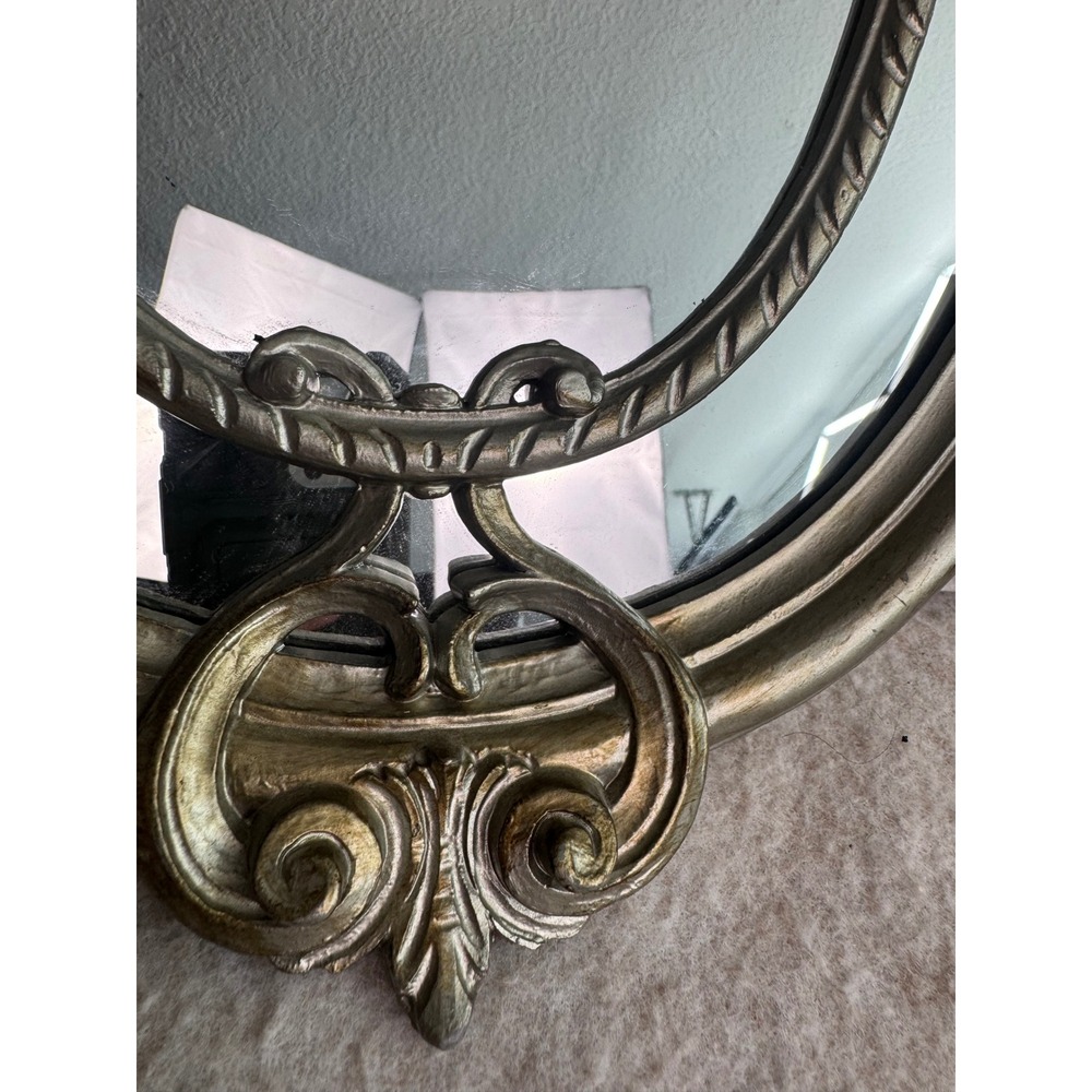 Vintage Ornate Oval Mirror Antique Silver Italy Baroque Scrollwork 18.5x11.5 - Picture 5 of 7